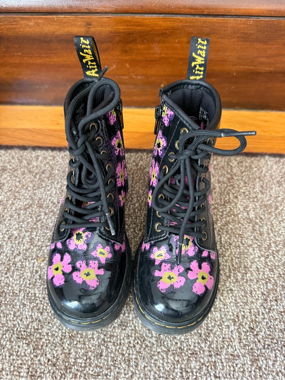 Dr. Martens Kids Black Boots with Pink and Yellow Floral Print